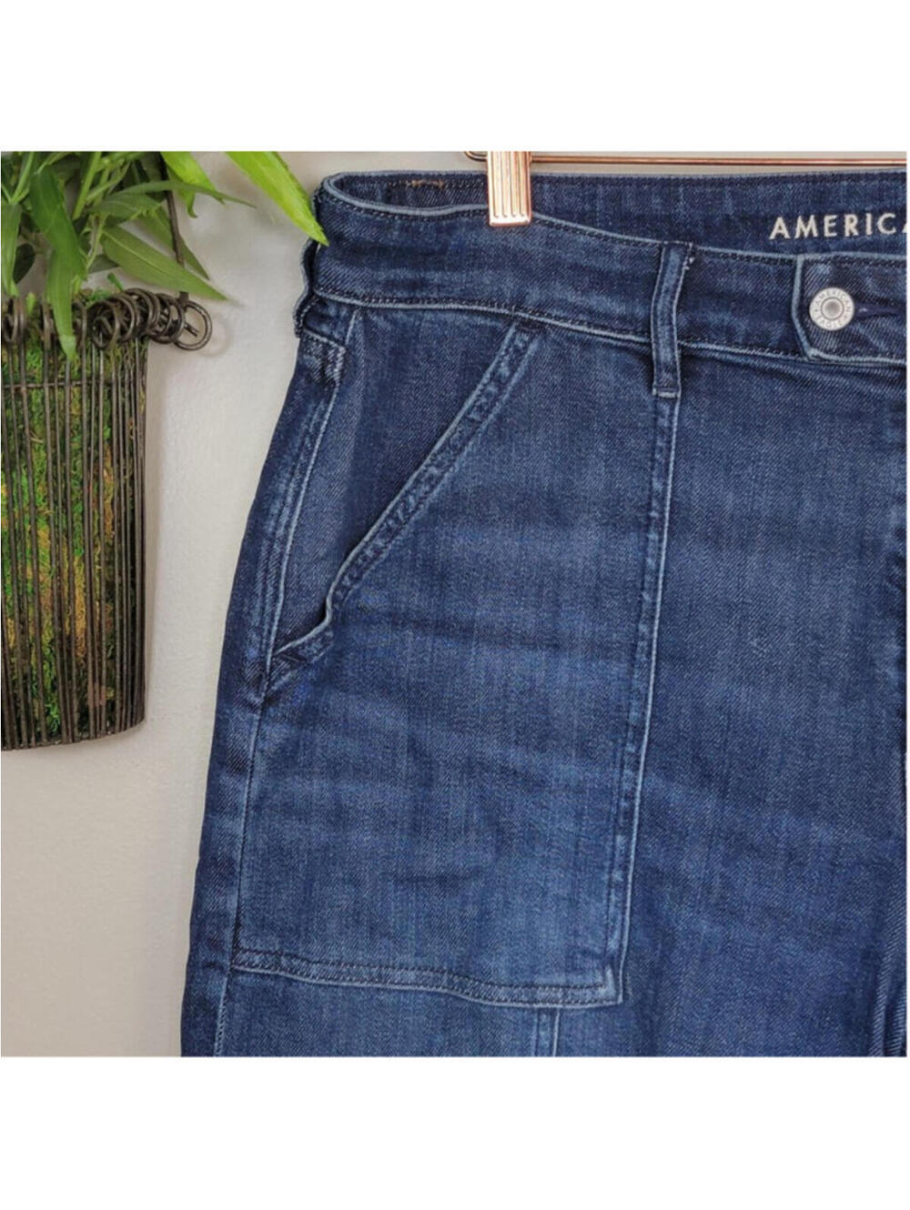 AE 16 American Eagle Dreamy Drape Super High Rise Baggy Wide Leg Jeans Dark Blue - Picture 4 of 11